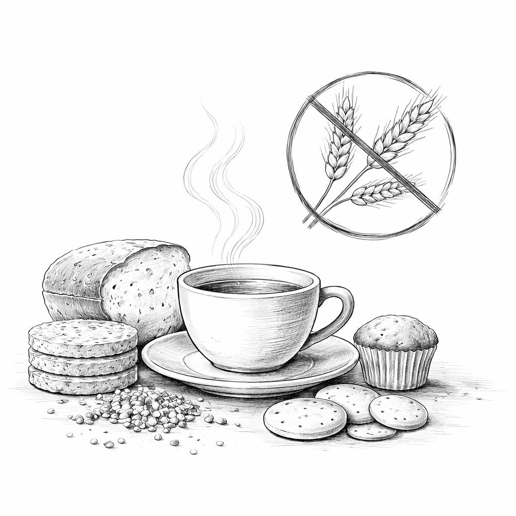 Coffee cup with steam, surrounded by bread, muffins, and crackers, beside a no-gluten symbol in the background; conveys gluten-free bakery theme.
