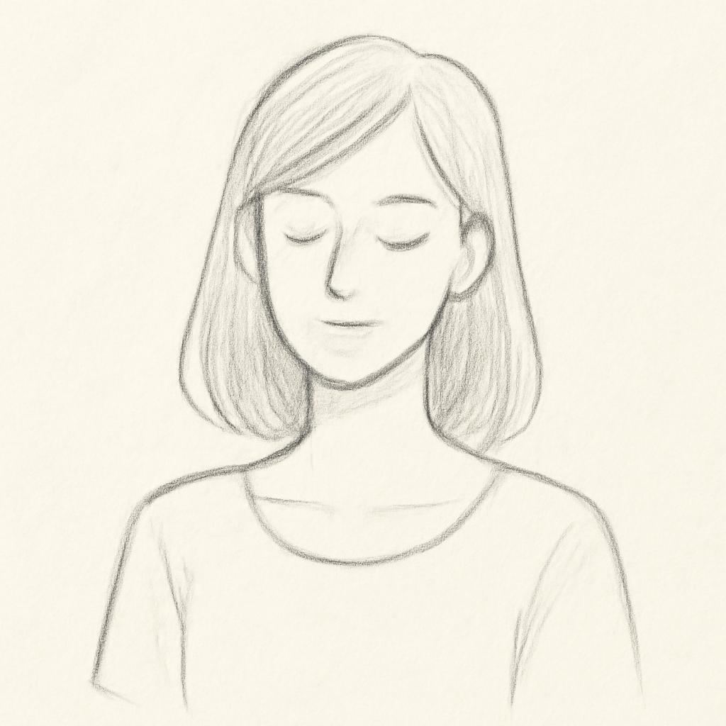 Sketch of a young woman with eyes closed, calm expression, short hair, wearing a simple top.