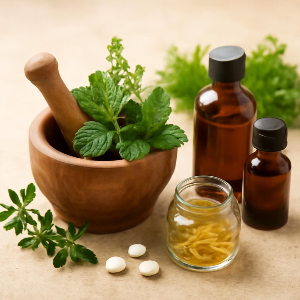 Wooden mortar with fresh herbs (parsley and mint), beside amber bottles and a jar of oil on a light surface, with a few white tablets nearby.