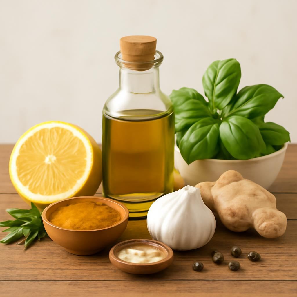 Bottle of olive oil with a cork, sliced lemon, garlic bulb, ginger, fresh basil, peppercorns, and small bowls of sauce on a wooden table.