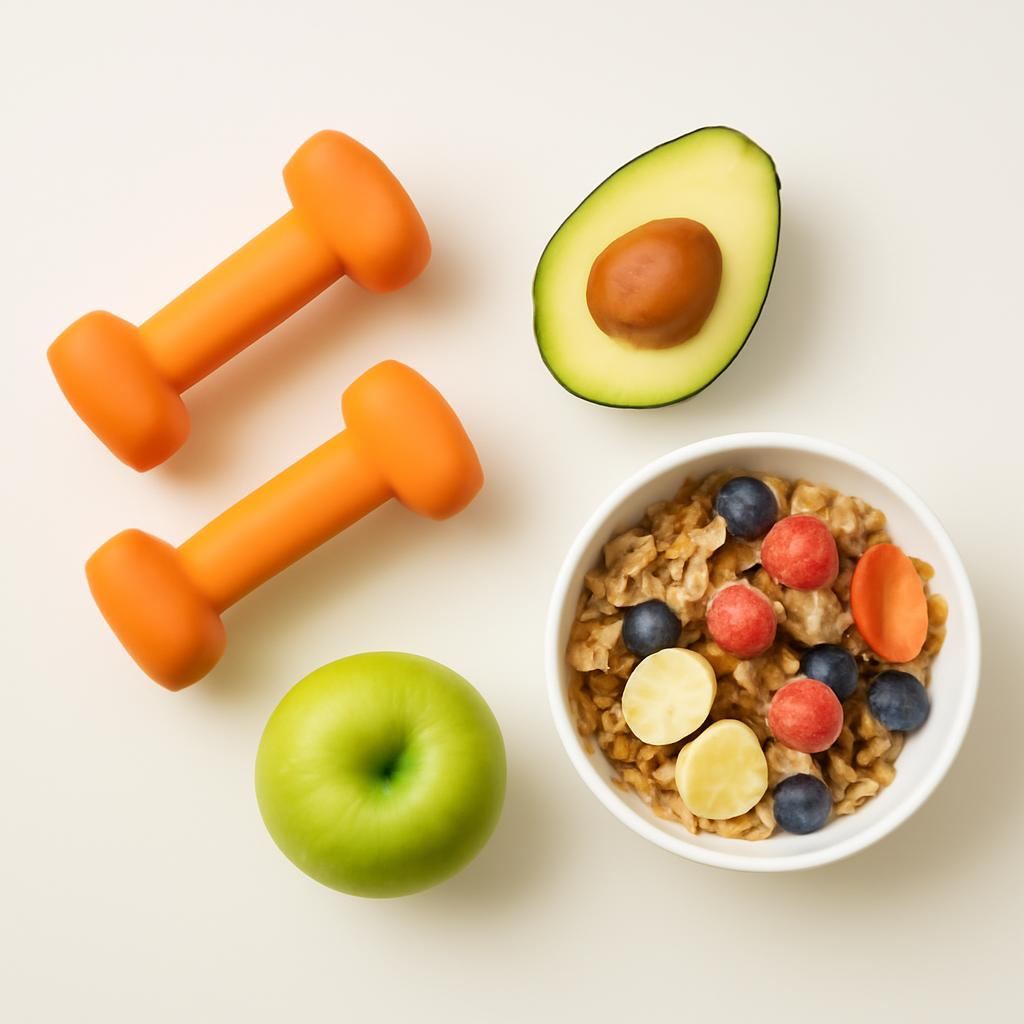 Top-down view of healthy choices: orange dumbbells with a halved avocado, a green apple, and a bowl of granola with berries and banana slices on a light background.