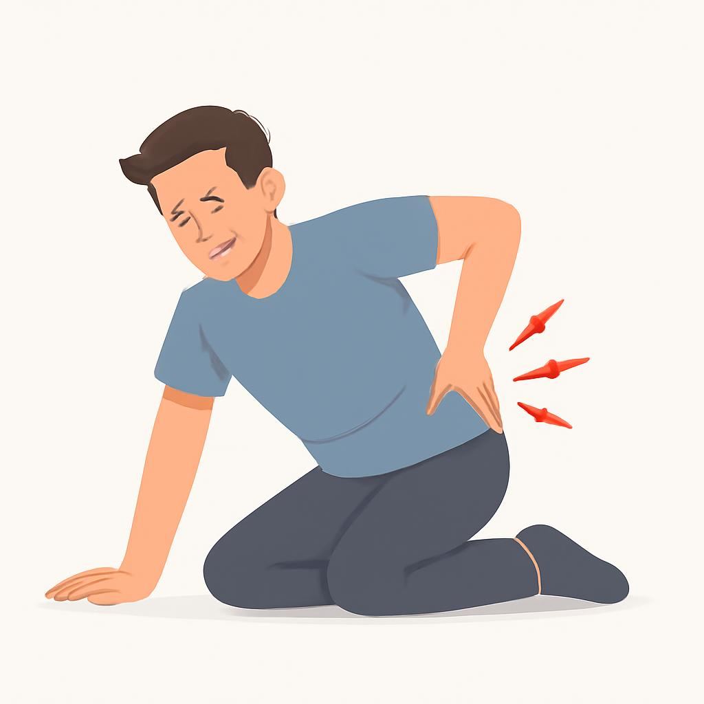 Illustration of a man kneeling on the floor, clutching his lower back in pain and wincing slightly.